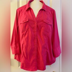 Cato sz XL Blouse, hot pink button-down, 3/4 length sleeves, chest pockets, EUC